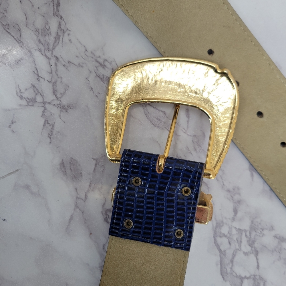 Vintage 80s Faux Lizard Embossed Blue Belt with Oversized Gold Buckle - Picture 7 of 11